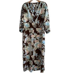 Oscar de la Renta Brown Blue Floral Full Zip Front Maxi Lounge Wear Size Medium